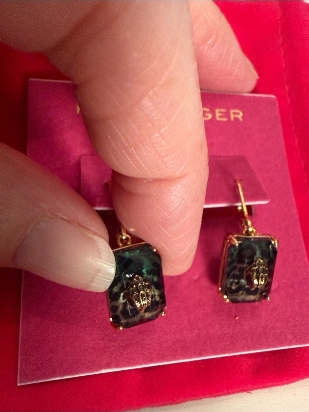 Kurt Geiger Green Leopard-Print Gold-Trim Drop Earrings - Picture 7 of 8